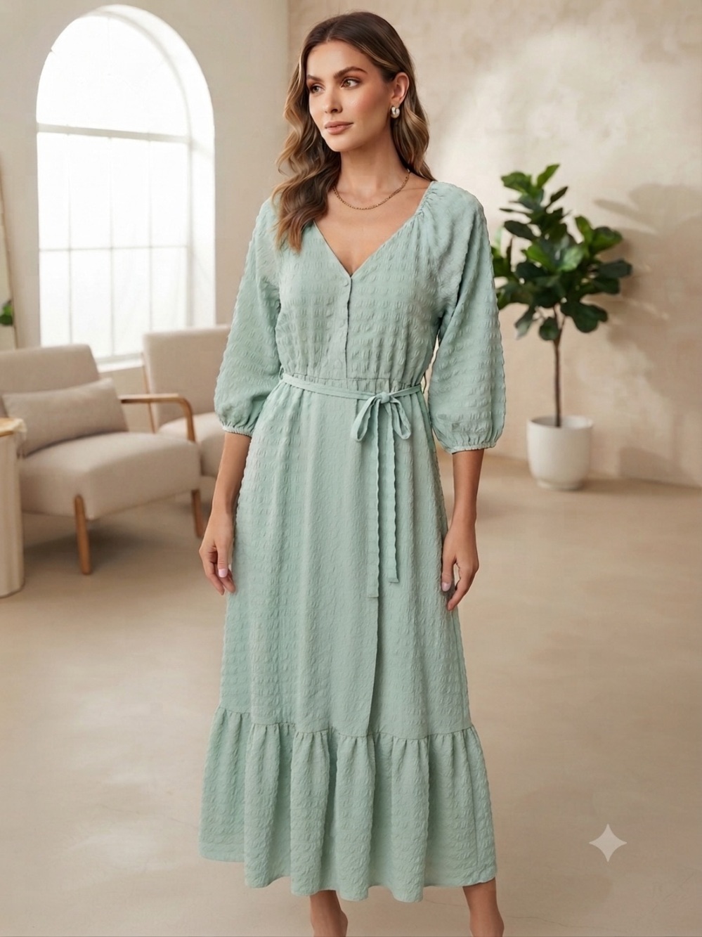 Alice Blue Lightweight Sage Green V-Neck Midi Dress with Tie Waist